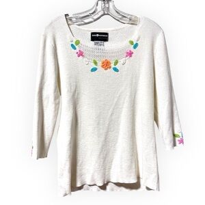 Sag Harbor White Sweater Floral Embroidery Vintage Women’s Size Large P Cottage